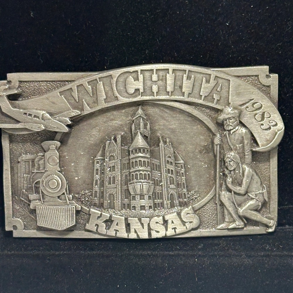 Vintage 1983 Wichita KS Commemorative Limited Edition Train Jet Belt Buckle 80